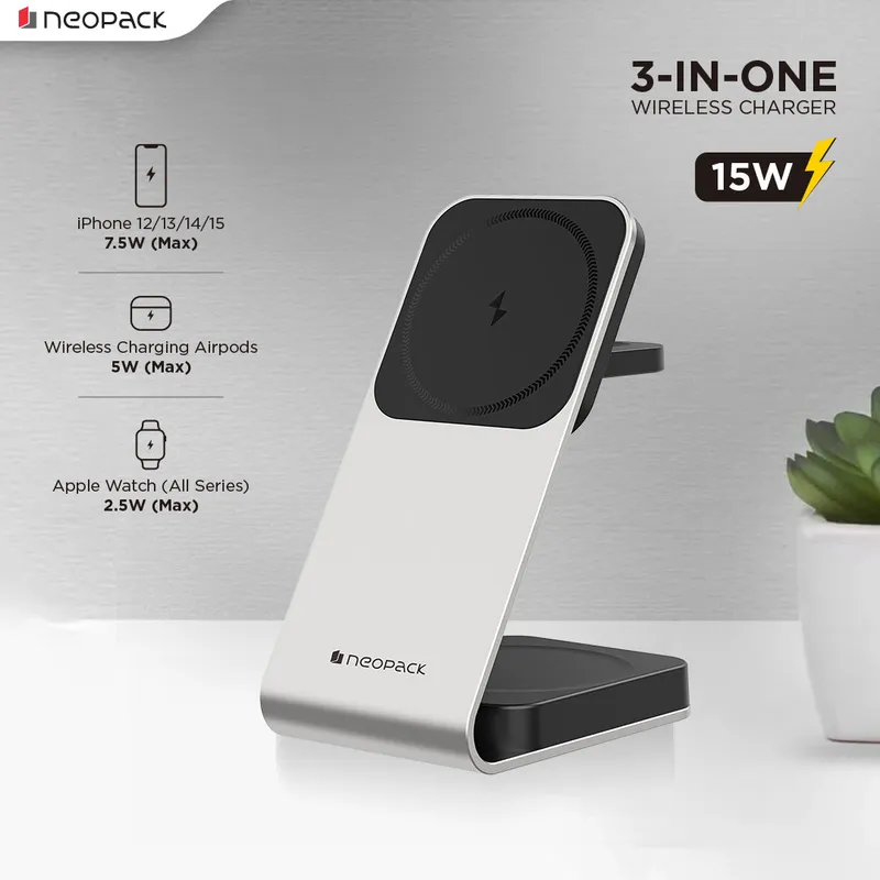3 IN One Wireless Charging Stand 15W Compatible With iPhone, Apple Watch & Airpod (Silver)