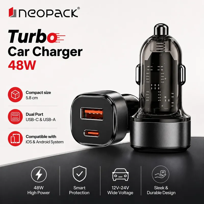 48W Dual Port Turbo Car Charger with USB-C @ 30W & USB-A @ 18W Max (Black)