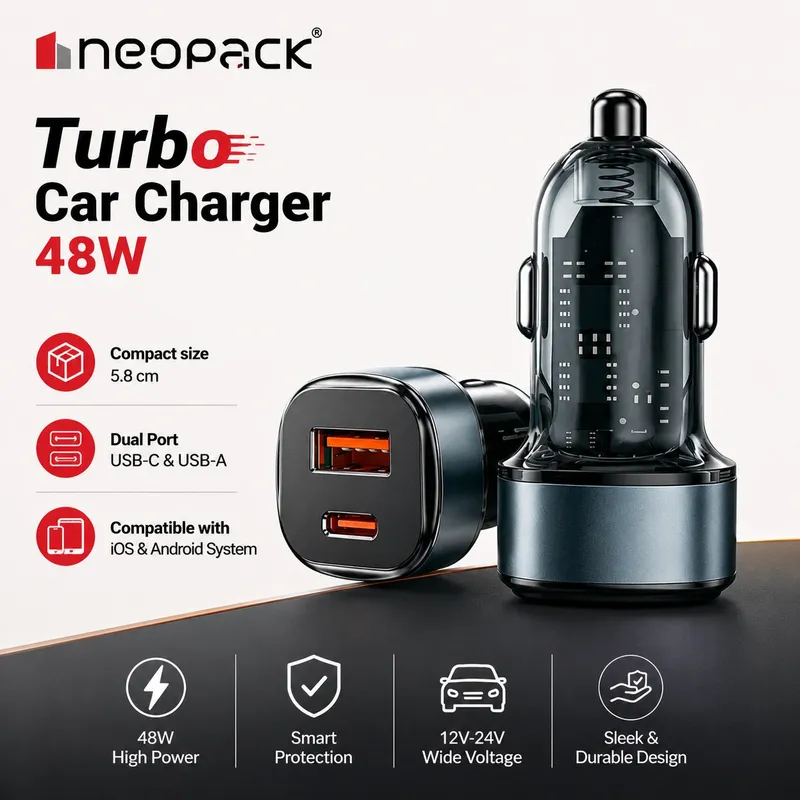 48W Dual Port Turbo Car Charger with USB-C @ 30W & USB-A @ 18W Max (Blue)