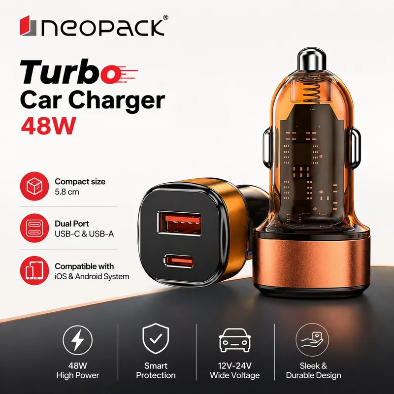 48W Dual Port Turbo Car Charger with USB-C @ 30W & USB-A @ 18W Max (Orange)