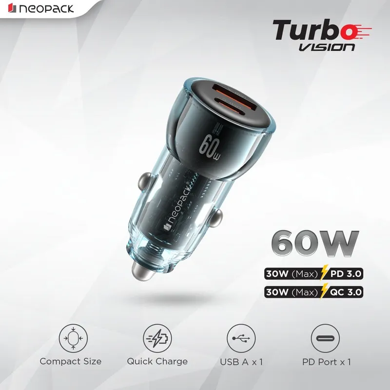 60W Dual Port Turbo Vision Car Charger with USB-C @ 30W PD 3.0 Output & USB-A @ 30W QC 3.0 Output Pots (Blue)