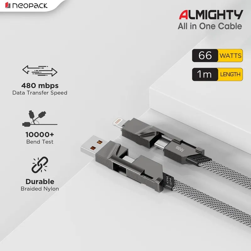 Almighty 4 In1 Cable 66W for MacBooks, iPhones, iPads, Tablets, Smartphones, and Other Accessories (Black)