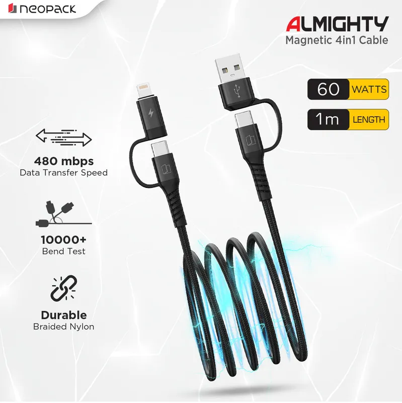 Almighty Magnetic Cable with 4 IN 1 Connectors 60W for Smartphones, Tablets, Macbooks, Laptops & More (1 M, Black)