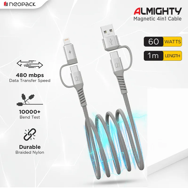 Almighty Magnetic Cable with 4 IN 1 Connectors 60W for Smartphones, Tablets, Macbooks, Laptops & More (1 M, Grey)