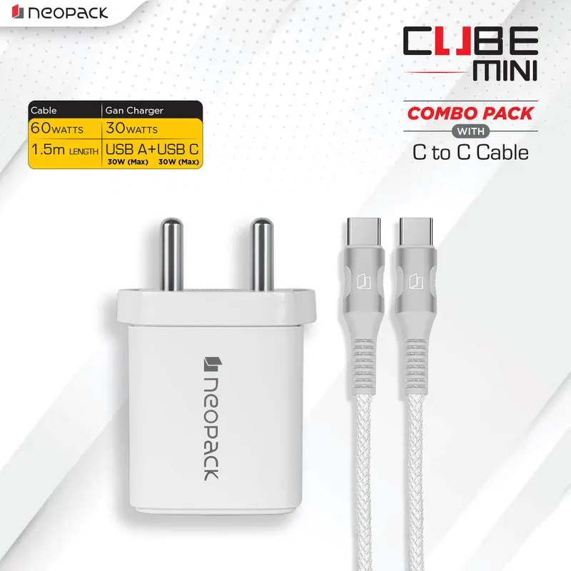 Cube Mini 30W Dual Port Fast Charging Adapter with 60W USB-C to C cable for Smartphones / iPhone, Tablet IOS / Android, Power Banks, Earbuds and Other USB-C Devices (White)