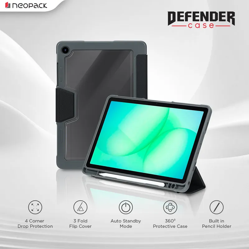 Drop Tested Defender Case with Pencil Holder for Samsung Galaxy Tab S9FE, S10FE & S10 Lite Tablets (Black)