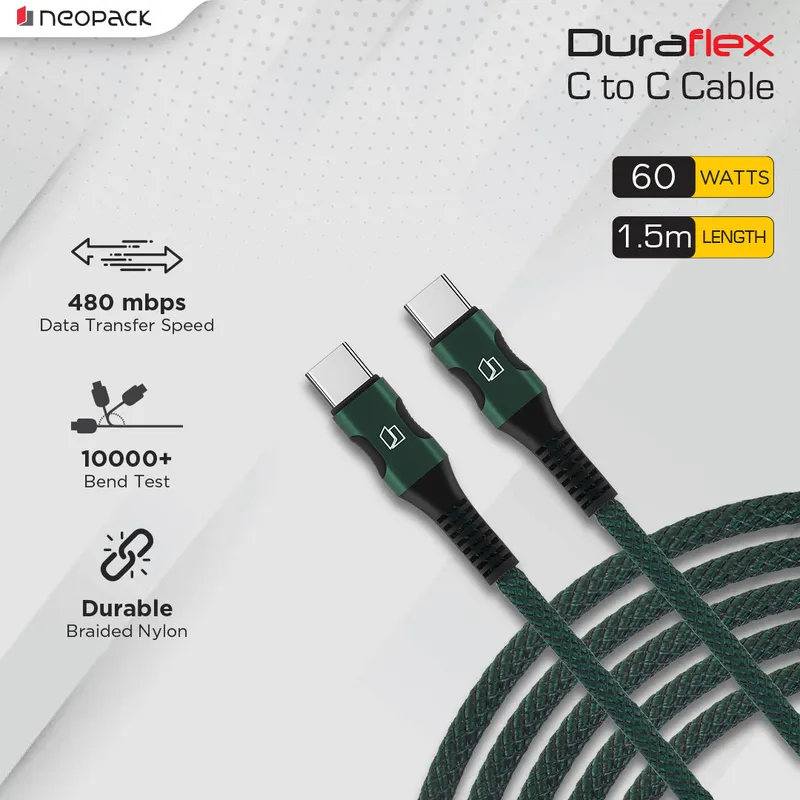 Duraflex 60W Type C to C Unbreakable Nylon Braided Charing Cable (1.5 Mtr, Green)