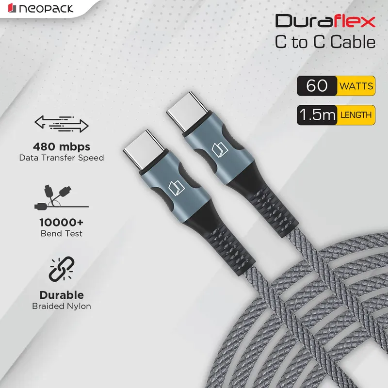 Duraflex 60W Type C to C Unbreakable Nylon Braided Charing Cable (1.5 Mtr, Space Grey)