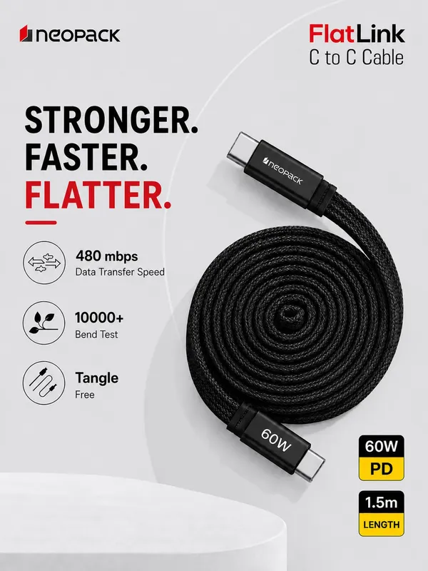 Flatlink Type-C to C 60W PD Fast Charging Cable with Braided Design & 480Mbps Data Sync 1.5M (Black)