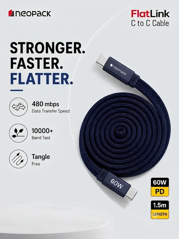 Flatlink Type-C to C 60W PD Fast Charging Cable with Braided Design & 480Mbps Data Sync 1.5M (Blue)