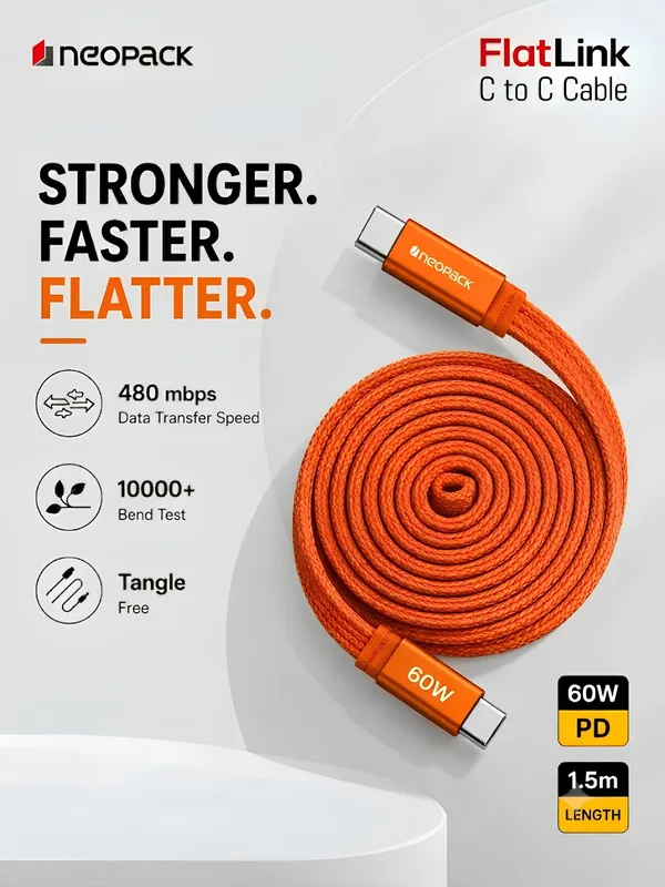 Flatlink Type-C to C 60W PD Fast Charging Cable with Braided Design & 480Mbps Data Sync 1.5M (Orange)