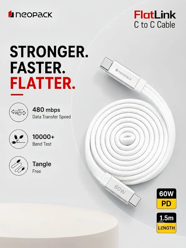Flatlink Type-C to C 60W PD Fast Charging Cable with Braided Design & 480Mbps Data Sync 1.5M (White)