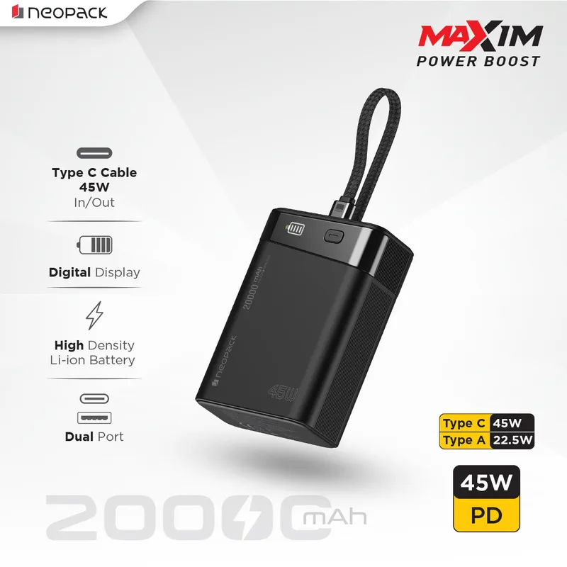 Maxim 20000 mAH Power Bank 45W LED Display Fast Charging Portable Charger for MacBooks, tablets, iPhones, and Android devices (Black)