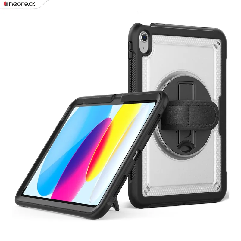 Military Grade Shockproof Rugged Case with Shoulder Strap & Rotating Stand for iPad 10.9" 10th Gen & A16 11th Gen (Clear)
