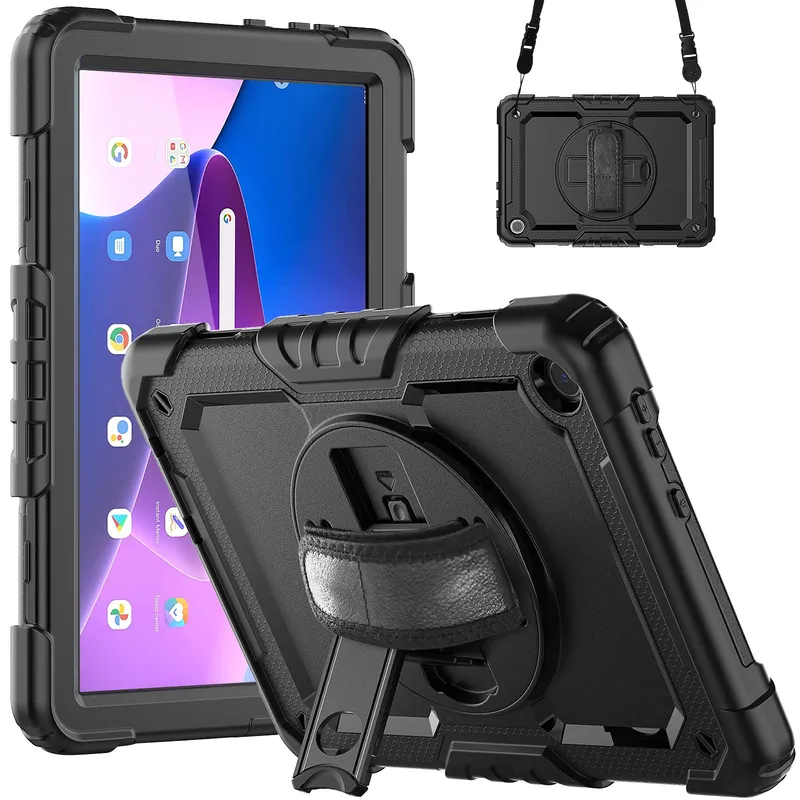 Military Grade Shockproof Rugged Case with Shoulder Strap & Rotating Stand for Lenovo Tab M10 10.1" 3rd Gen (Black)