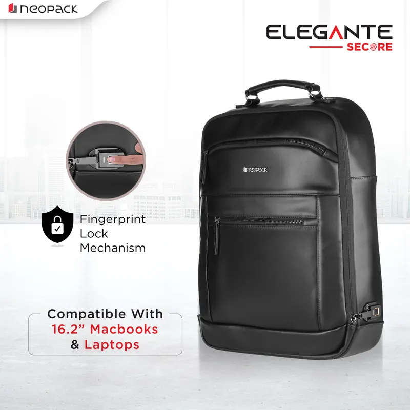Elegante Secure Anti-Theft Backpack with Finger Print Lock Compatible with Upto 16.2" Macbooks & 15" Laptops (Black)