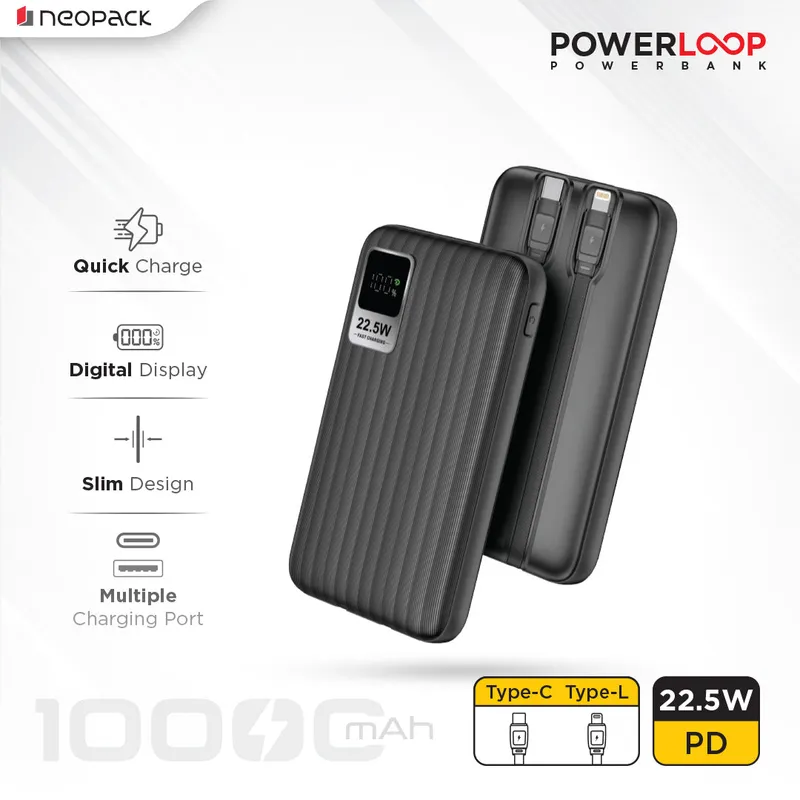 Power-Loop 10000mAh Power Bank with LED Display, Smart Chipset & 22.5W Fast Charging Portable Charger (Black)