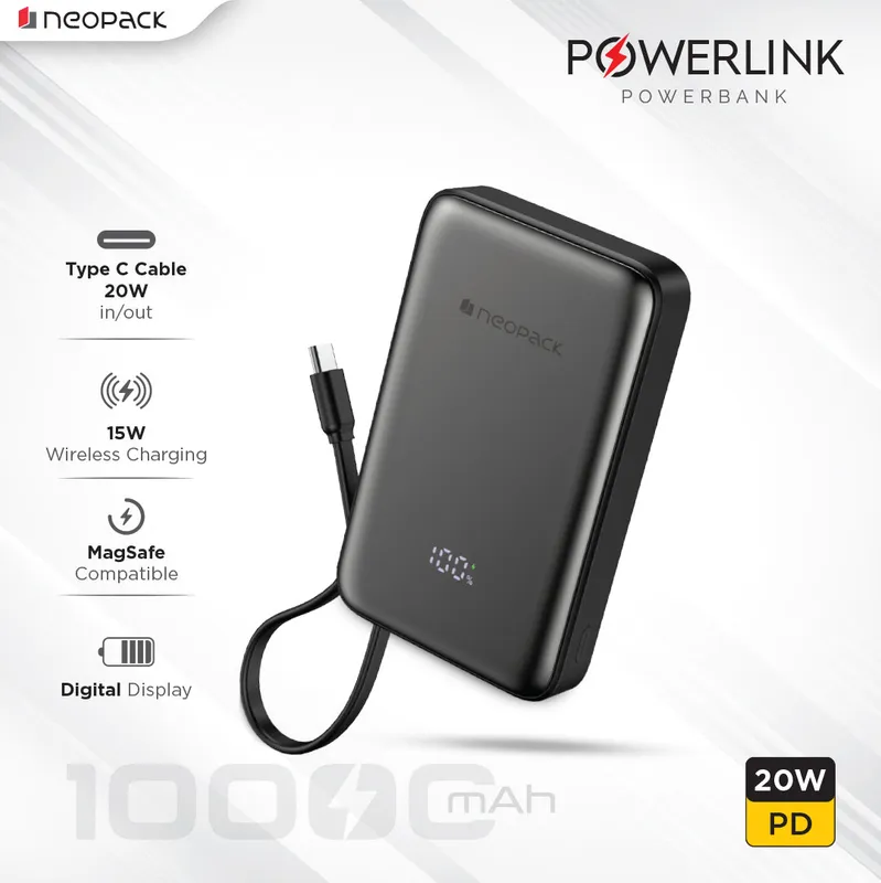 Powerline Digital Display Magnetic Power Bank 10000 mHA with Magsafe Wireless Charging Support @ 15W & Type C @ 20W PD (Black)