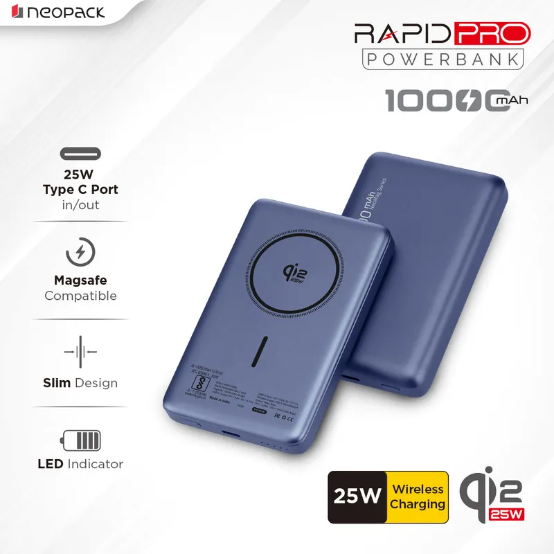 Rapid Pro Magsafe Power Bank 10000 mAH, 25W Fast Wireless Charging with Qi2 Technology (Navy Blue)