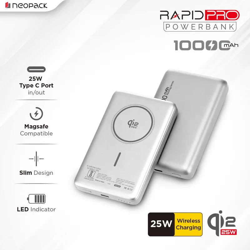 Rapid Pro Magsafe Power Bank 10000 mAH, 25W Fast Wireless Charging with Qi2 Technology (Silver)