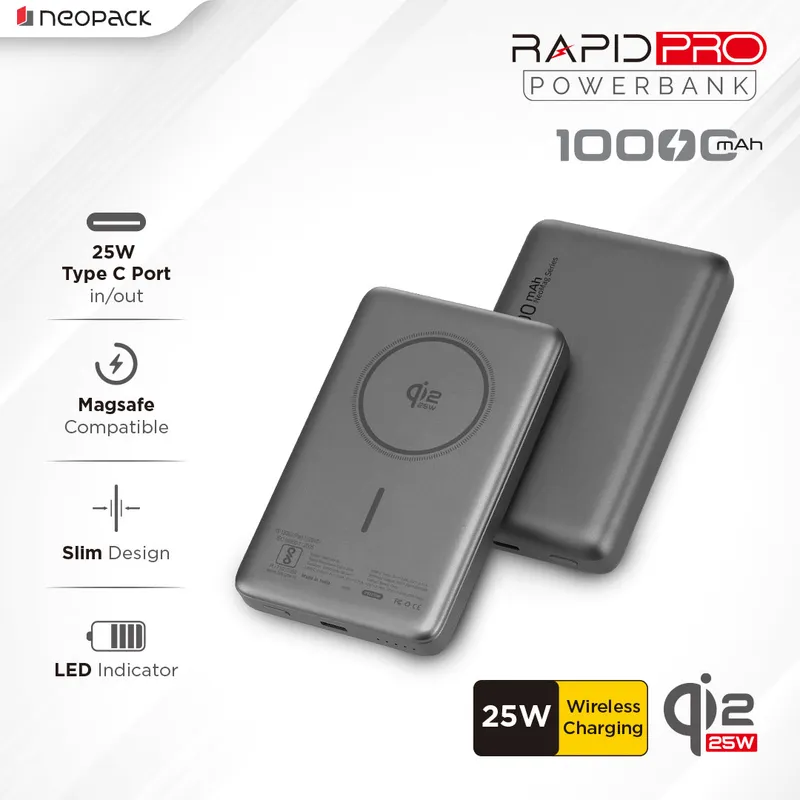 Rapid Pro Magsafe Power Bank 10000 mAH, 25W Fast Wireless Charging with Qi2 Technology (Space Grey)