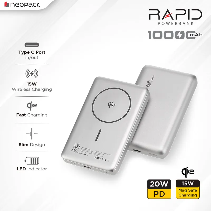 Rapid Qi2 Fast Charging Magsafe Power Bank 10000 mAH with Wireless Charging @ 15W & Type C @ 20W (Silver)