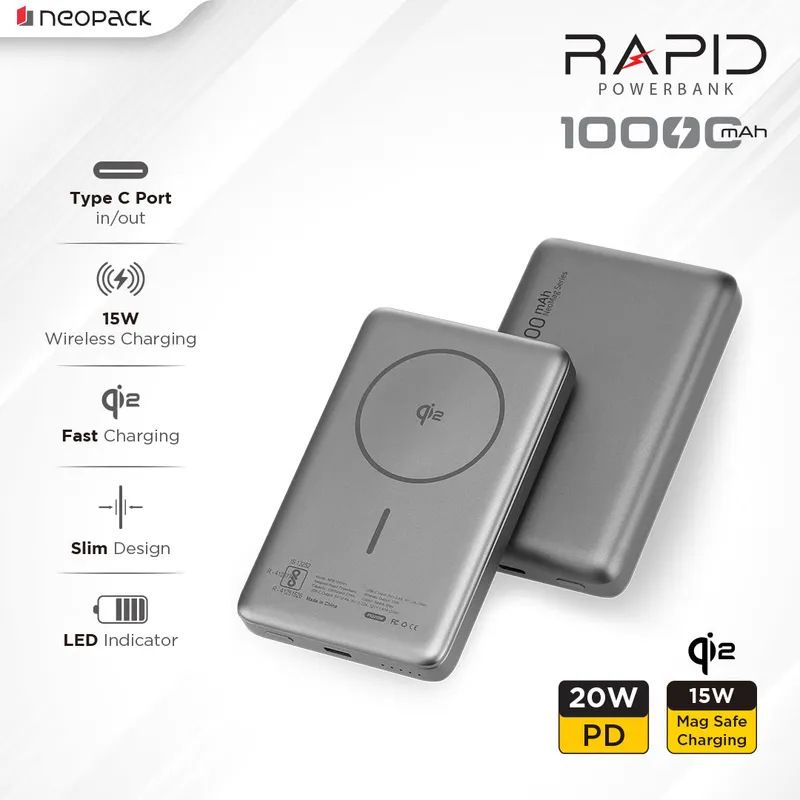 Rapid Qi2 Fast Charging Magsafe Power Bank 10000 mAH with Wireless Charging @ 15W & Type C @ 20W (Space Grey)