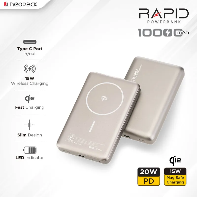 Rapid Qi2 Fast Charging Magsafe Power Bank 10000 mAH with Wireless Charging @ 15W & Type C @ 20W (Titanium)
