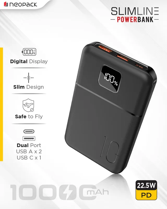 Slimline Power Bank 10000 mAH | 22.5W Fast Charging | Digital Display | Slim Pocket Size Portable Charger (Black)