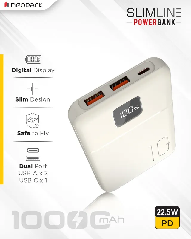 Slimline Power Bank 10000 mAH | 22.5W Fast Charging | Digital Display | Slim Pocket Size Portable Charger (Cream)