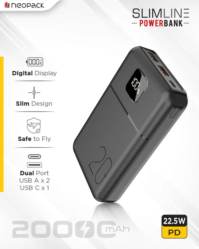 Slimline Power Bank 20000 mAH | 22.5W Fast Charging | Digital Display | Slim Pocket Size Portable Charger (Black)