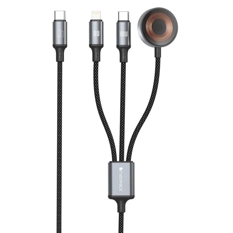 Smart Link 3IN1 Cable with USB-C, Lightning and Watch Connectors 100W Compatible with All Smartphones, iPhones, Tablets, USB-C Enabled Devices and Apple Watch (Black)