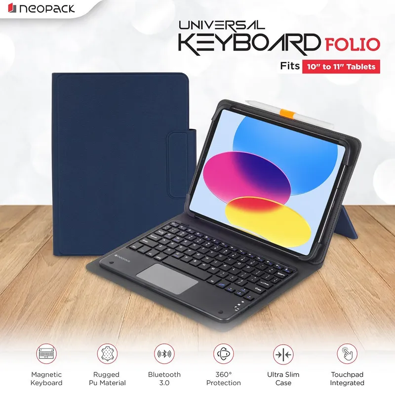Universal Keyboard Folio Case with Trackpad for iPad 10 to 11" Tablets (Blue)