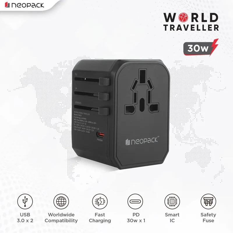 World Traveller Adapter with AC Outlet, 2 x USB 3.0, 1 x USB-C 30W PD Fast Charging, All in One Worldwide for USA, EU, UK, AUS (Black)