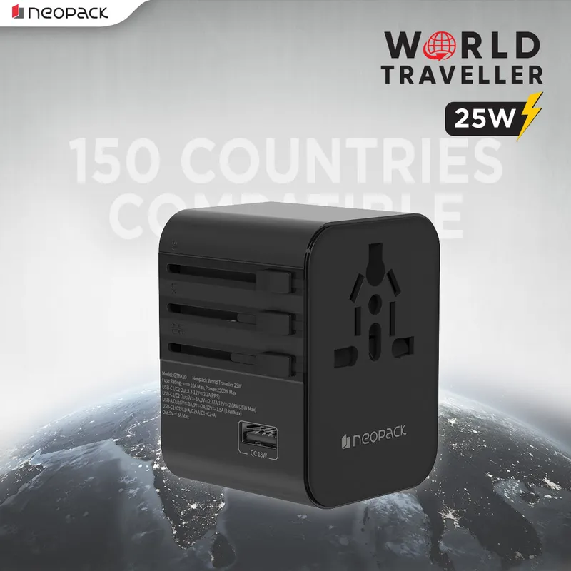 World Traveller Adapter 25W with India Plug Compatible Sockets, 2 X USB-C PD + 1 X USB A Ports, All in One Worldwide for USA, EU, UK, AUS (Black)