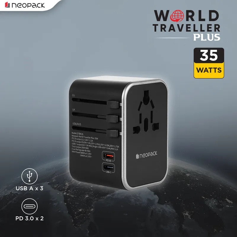 World Traveller Plus Adapter 35W with India Plug Compatible Sockets, 2 X USB-C PD + 3 X USB A Ports, All in One Worldwide for USA, EU, UK, AUS (Black)