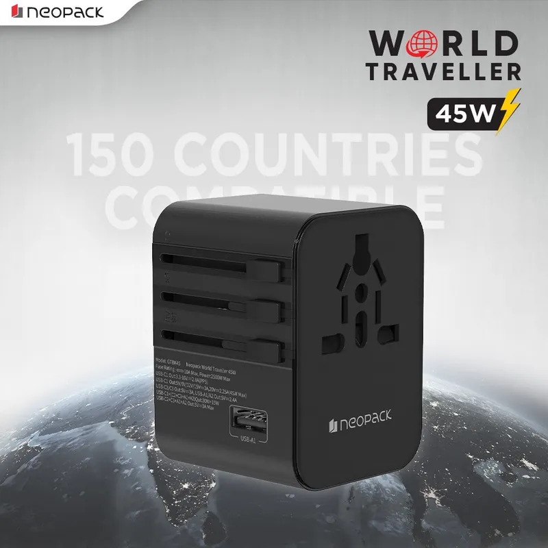World Traveller Plus Adapter 45W with India Plug Compatible Sockets, 3 X USB-C PD + 1 X USB A Port, All in One Worldwide for USA, EU, UK, AUS (Black)